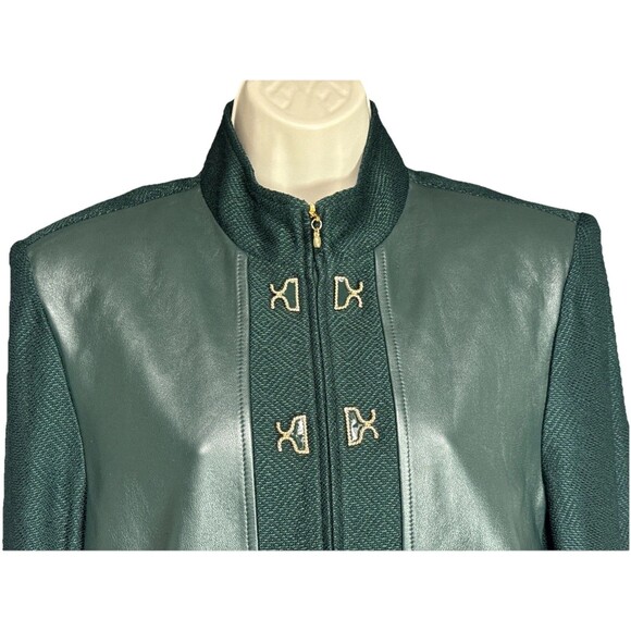 St. John Collection Size 12 Leather Zippered Jacket Gold Detail - Picture 5 of 13